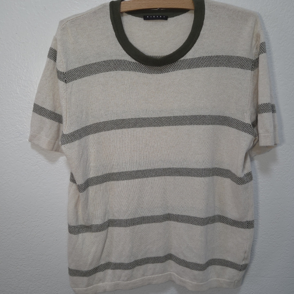 Sisley Mens T-Shirt Small Crew Neck Short Sleeves BeigeGreen Striped Linen Blend